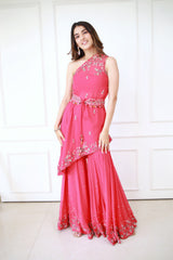 Meher in Coral Red One Shoulder Sharara Set