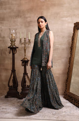 Green Short Kurta with Print Jacket and Flared Pants Set