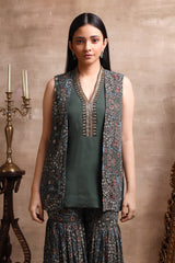 Green Short Kurta with Print Jacket and Flared Pants Set