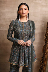 Green Printed Flared Kurta and Sharara Pants Set