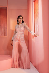 Dusty Pink Embroidered Peplum Top and Bell Bottoms Set