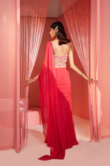 Coral Red Pre-Stitched Saree Blouse and Belt