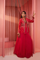 Coral Red Peplum Jacket with Pallazo Set