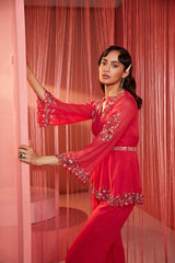 Coral Red Double Flap Kurta and Pants Set