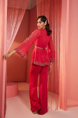 Coral Red Double Flap Kurta and Pants Set