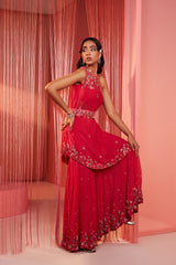 Coral Red One Shoulder Sharara Set
