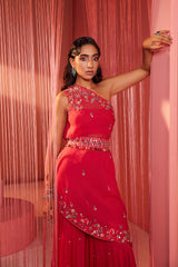 Coral Red One Shoulder Sharara Set