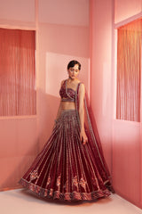 Plum Embroidered Lehenga and Blouse with Double Dupatta Set