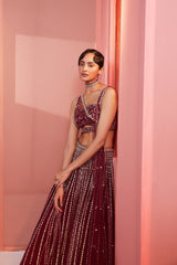 Plum Embroidered Lehenga and Blouse with Double Dupatta Set