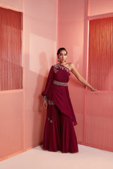 Plum One Shoulder Cape and Sharara Set