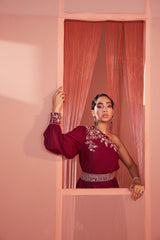 Plum One Shoulder Cape and Sharara Set