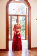 Fuchsia Three Tiered Lehenga with Blouse and Dupatta Set