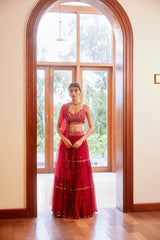 Meher in  Fuchsia Three Tiered Lehenga with Blouse and Dupatta Set