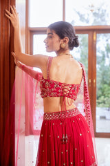 Meher in  Fuchsia Three Tiered Lehenga with Blouse and Dupatta Set