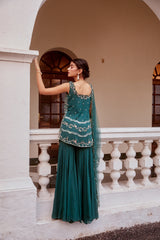 Teal green Short Shirt with Sharara and Dupatta Set