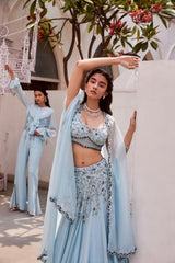 Ice blue Embroidered Lehenga Blouse with Cape Set