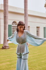 Ice Blue Fringed Peplum with Sharara Pants Set