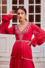Fuchsia Fringe Peplum with Flared Palazzo Set