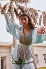 Ice Blue Fringed Peplum with Sharara Pants Set