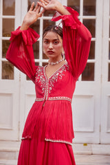 Fuchsia Fringe Peplum with Flared Palazzo Set