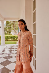 Rose Gold Kurta and Tiered Sharara With Dupatta Set