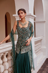 Teal green Short Shirt with Sharara and Dupatta Set