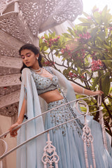 Ice blue Embroidered Lehenga Blouse with Cape Set