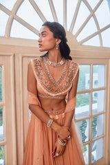 Rose Gold Lehenga with Boho Blouse and Dupatta Set