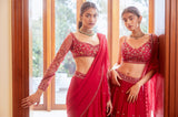 Fuchsia Three Tiered Lehenga with Blouse and Dupatta Set