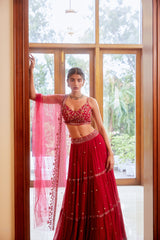 Meher in  Fuchsia Three Tiered Lehenga with Blouse and Dupatta Set