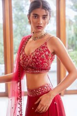 Fuchsia Three Tiered Lehenga with Blouse and Dupatta Set