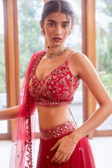 Meher in  Fuchsia Three Tiered Lehenga with Blouse and Dupatta Set