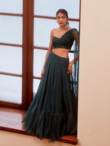 Teal Green Tonal Embroidered Blouse and Lehenga Set