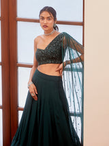 Teal Green Tonal Embroidered Blouse and Lehenga Set