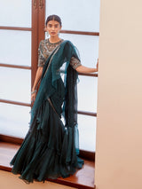 Teal Green Ruffle Saree and Bustier