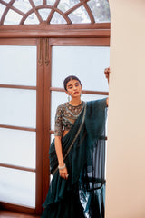 Teal Green Mirrorwork Blouse and Ruffle Saree