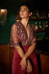 Burgundy Jumpsuit With Flared Sleeves