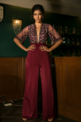 Burgundy Jumpsuit With Flared Sleeves