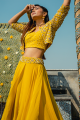 CURIOUS COMPONENTS in Mustard Boxy Jacket Skirt And Bustier Set