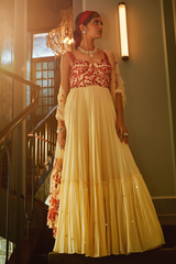 Ivory and red cherry blossom printed bustier yoke gown