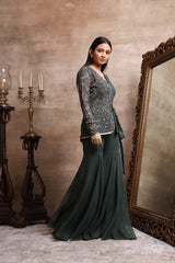 Green Printed Peplum with Sharara Pants Set