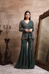 Green Printed Peplum with Sharara Pants Set