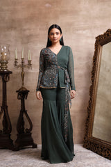 Green Printed Peplum with Sharara Pants Set