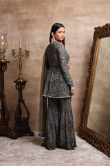 Green Printed Flared Kurta and Sharara Pants Set