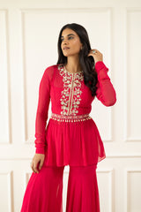 Hot Pink Gathers Peplum and Pants Set