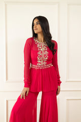 Hot Pink Gathers Peplum and Pants Set