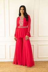 Hot Pink Gathers Peplum and Pants Set