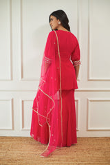 Hot Pink Embroidered Kurta and Flared Pants Set