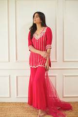 Hot Pink Embroidered Kurta and Flared Pants Set
