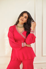 Hot Pink Wrap Around Peplum and Flared Pants Set